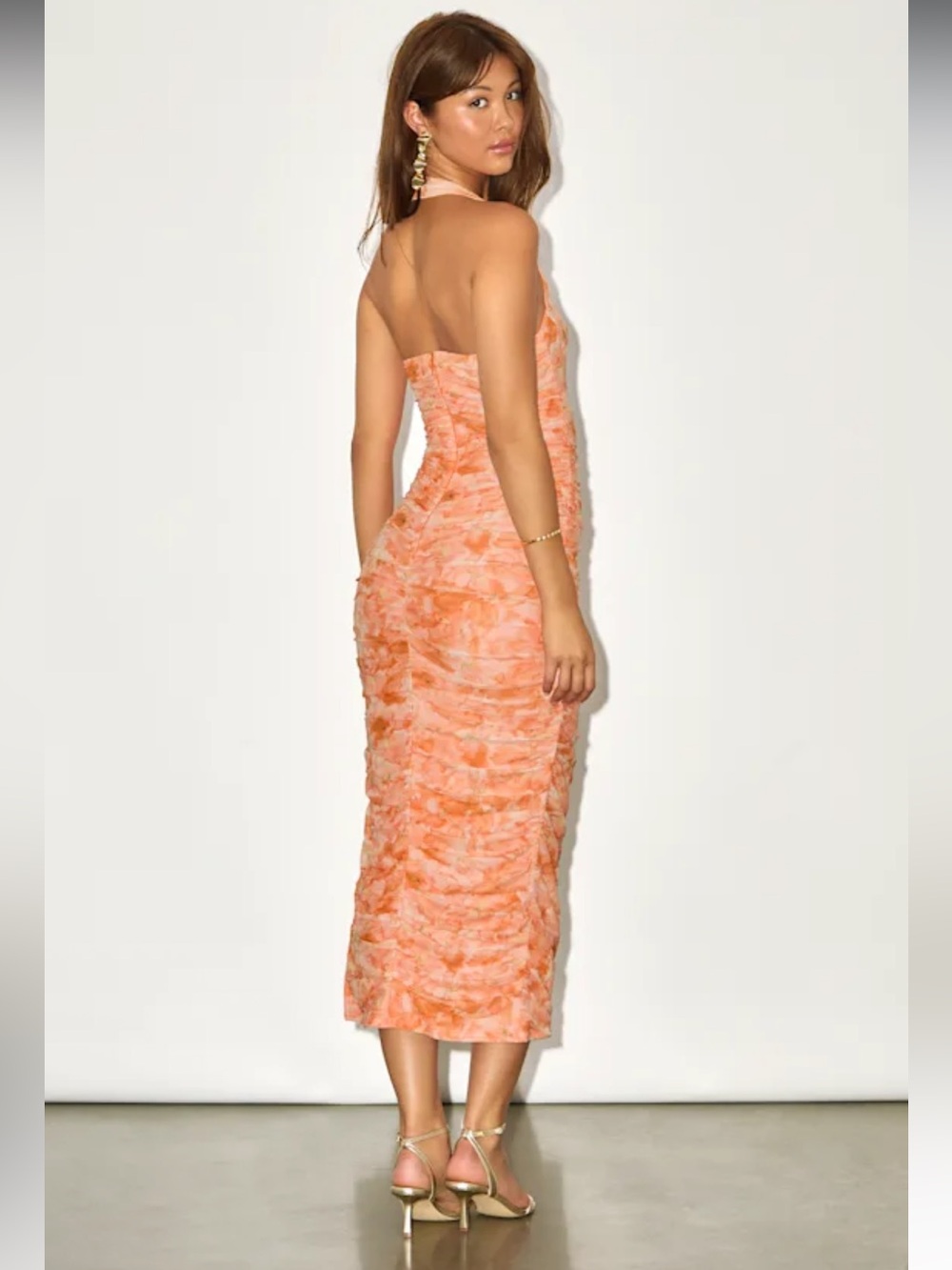 Lulus Janessa Orange Floral Mesh Bodycon Midi Dress Size Small Halter Vacation - Picture 5 of 5